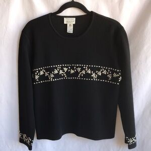 Preview International Petites black Merino wool sweater, cream floral trim, M